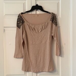 Elegant Beige Women's Top with Embellished Shoulders
